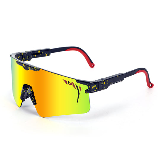 Sunglasses with reflective yellow lens and black and red frame on a white background