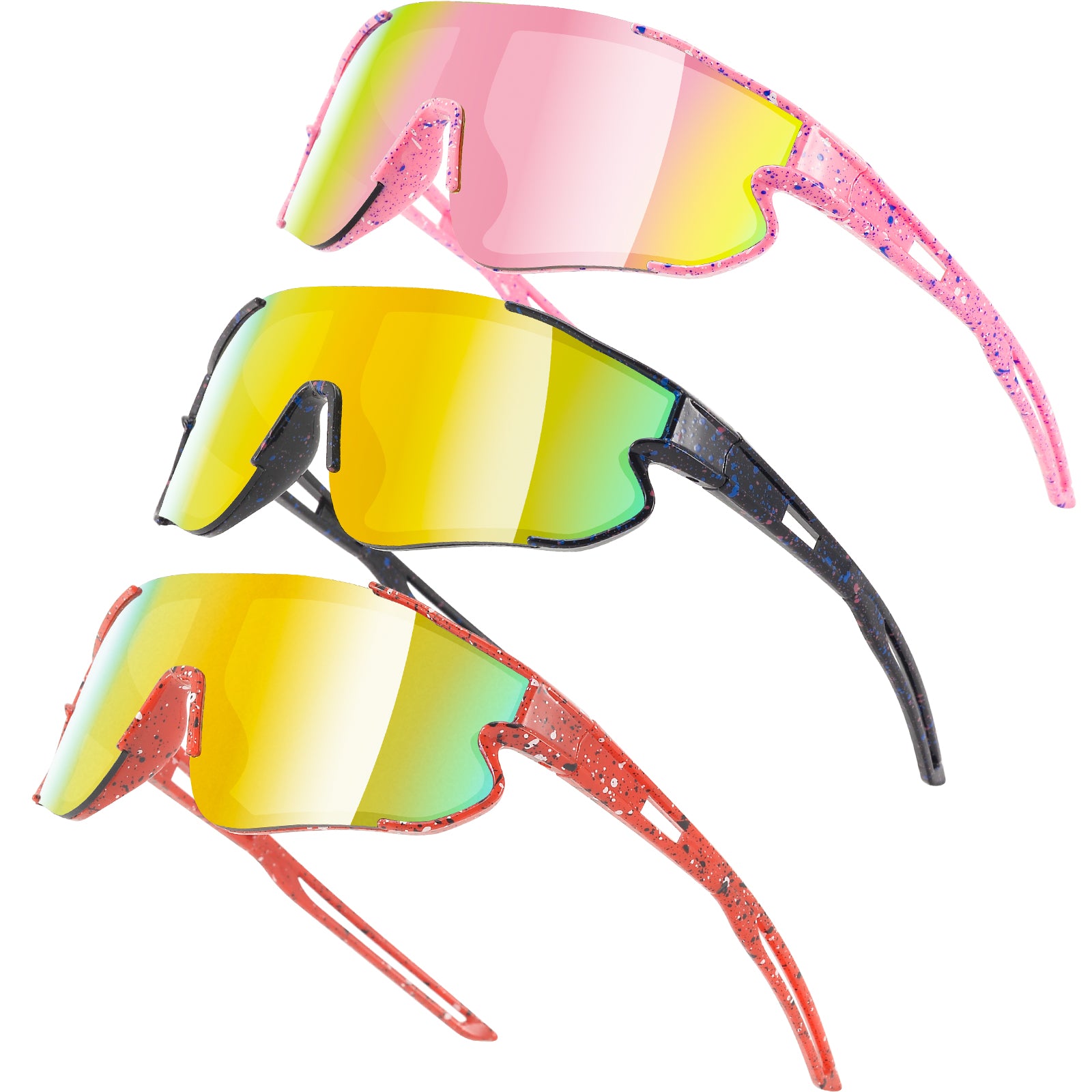Three pairs of colorful sunglasses with reflective lenses on a white background