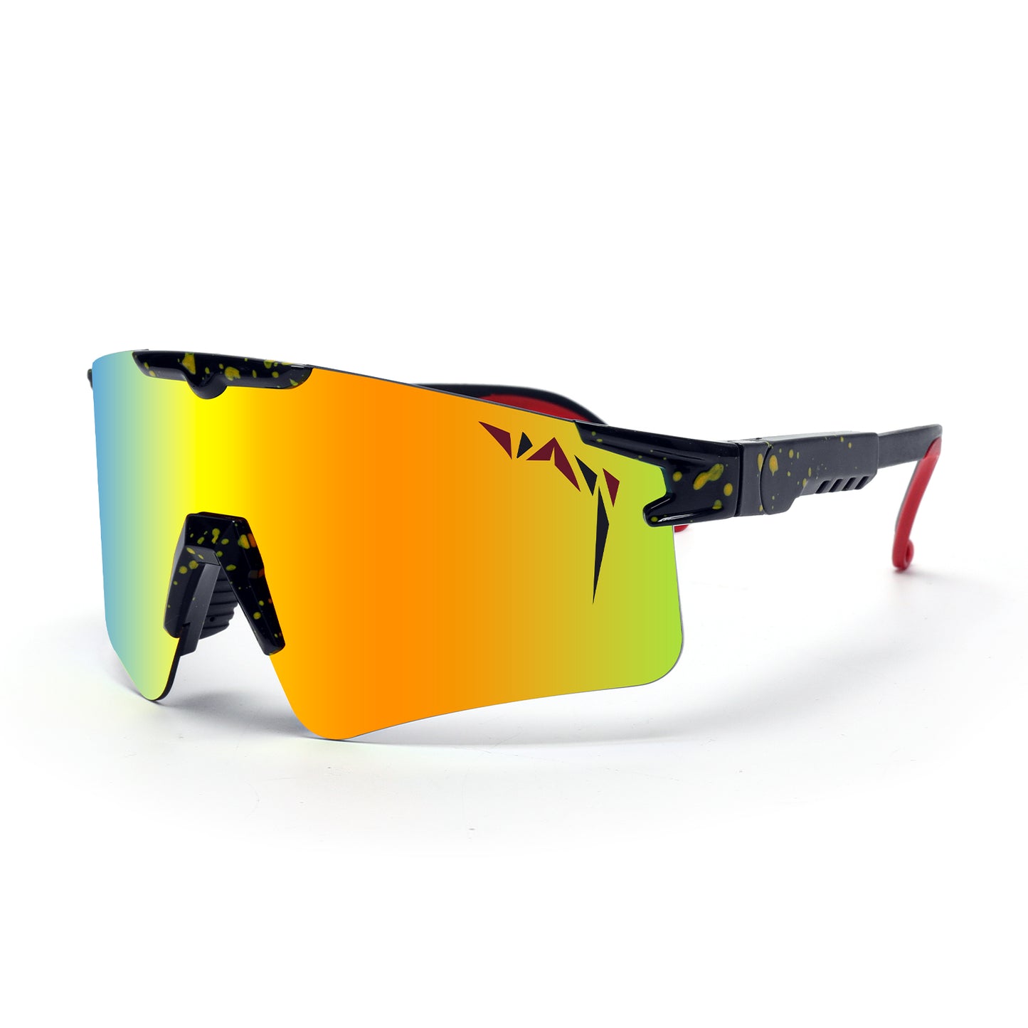 Sunglasses with a gradient orange to green lens on a white background