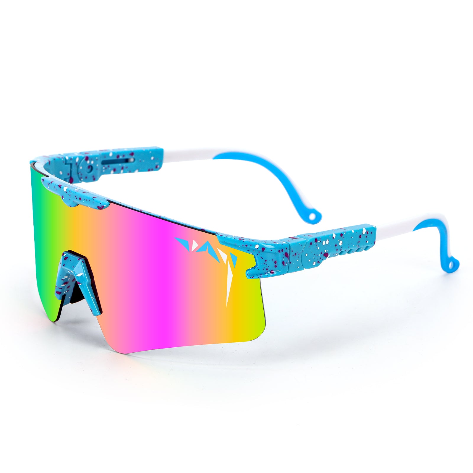 Multicolored sunglasses with blue frame on a white background