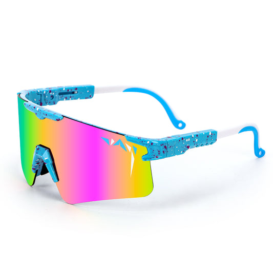 Multicolored sunglasses with blue frame on a white background