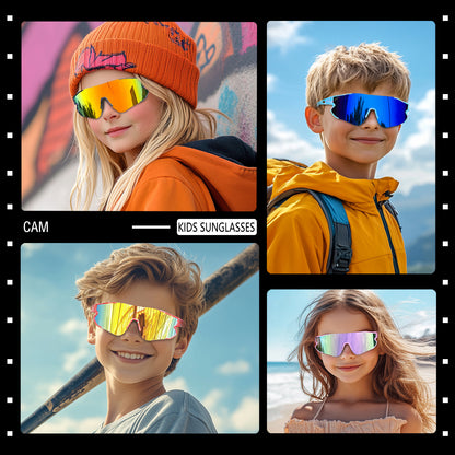 Collage of children wearing colorful sunglasses with a 'Cam Kids Sunglasses' label.