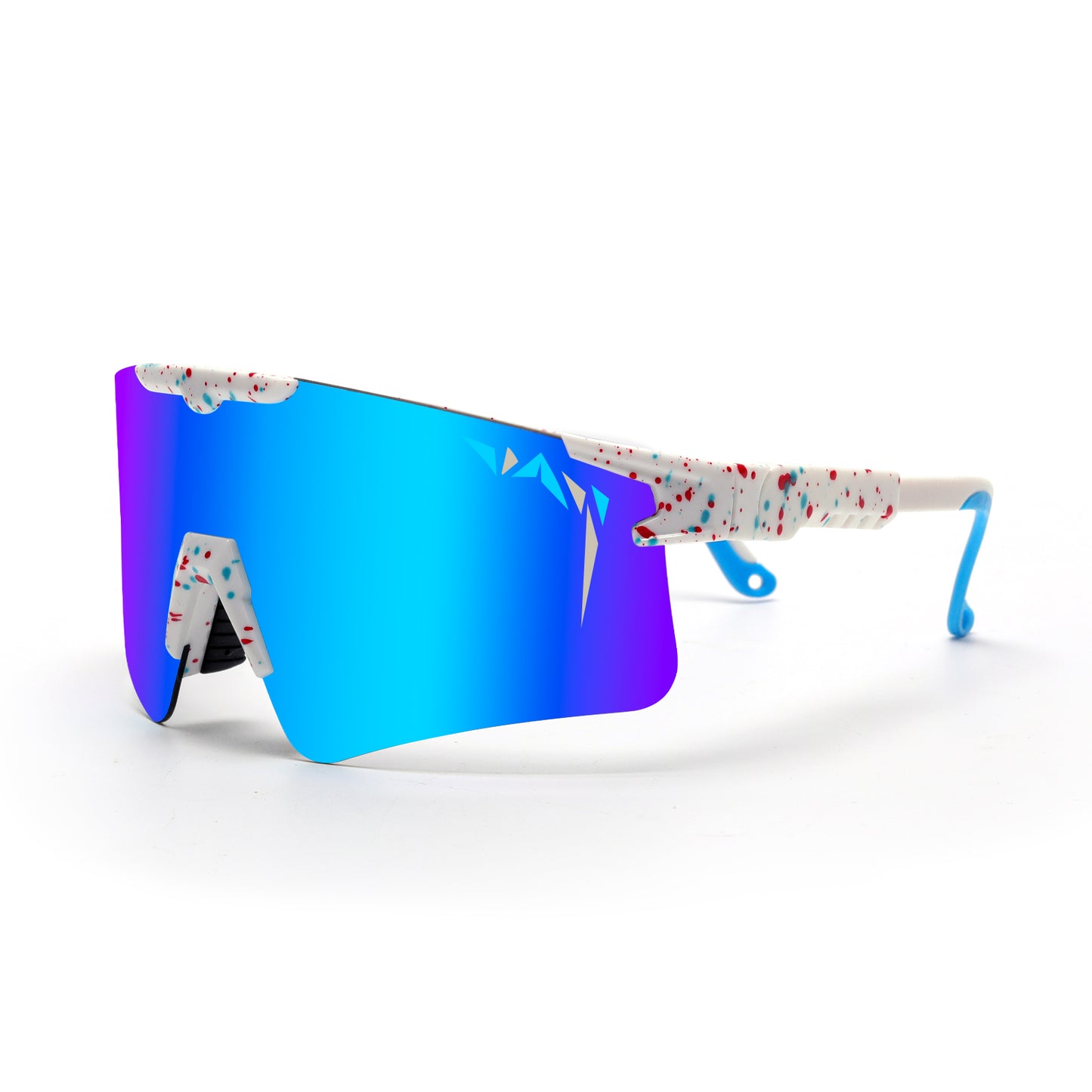 Sunglasses with blue reflective lens and colorful frame on a white background