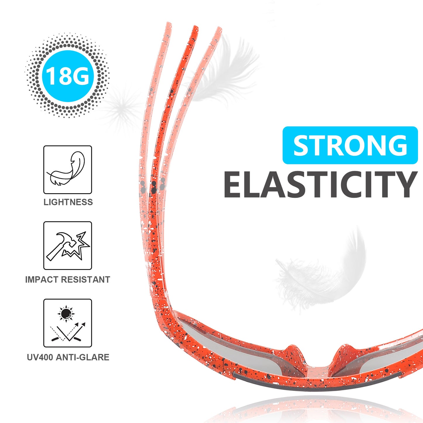Glasses with text highlighting features like 'Strong Elasticity', 'Lightness', 'Impact Resistant', and 'UV400 Anti-Glare' on a white background.