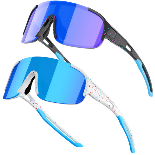 Blue mirrored Cycling Sport Sunglasses for Outdoor Activities, lightweight 2-pack design for men and women