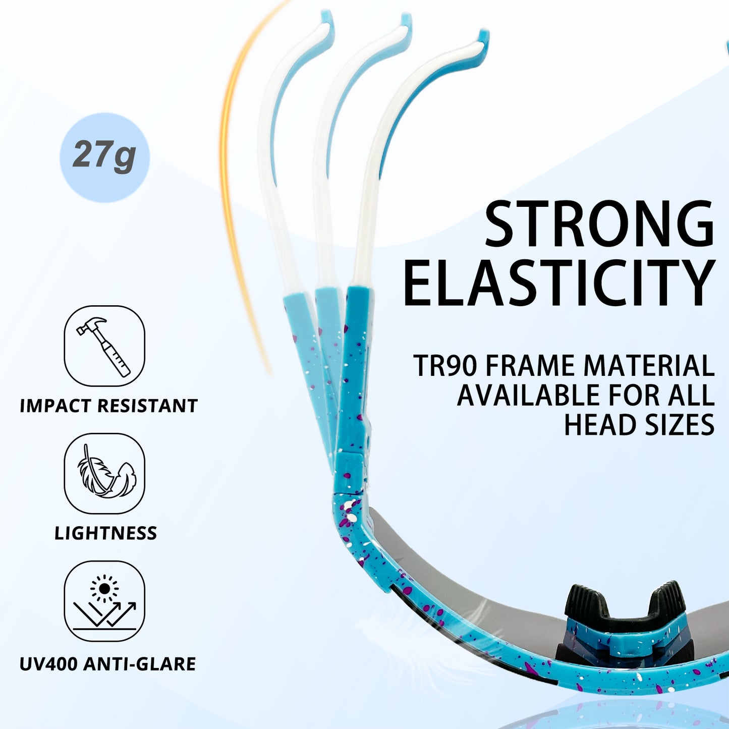 Blue and white dental mouthguard with text highlighting features on a light blue background