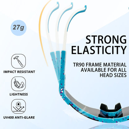 Blue and white dental mouthguard with text highlighting features on a light blue background