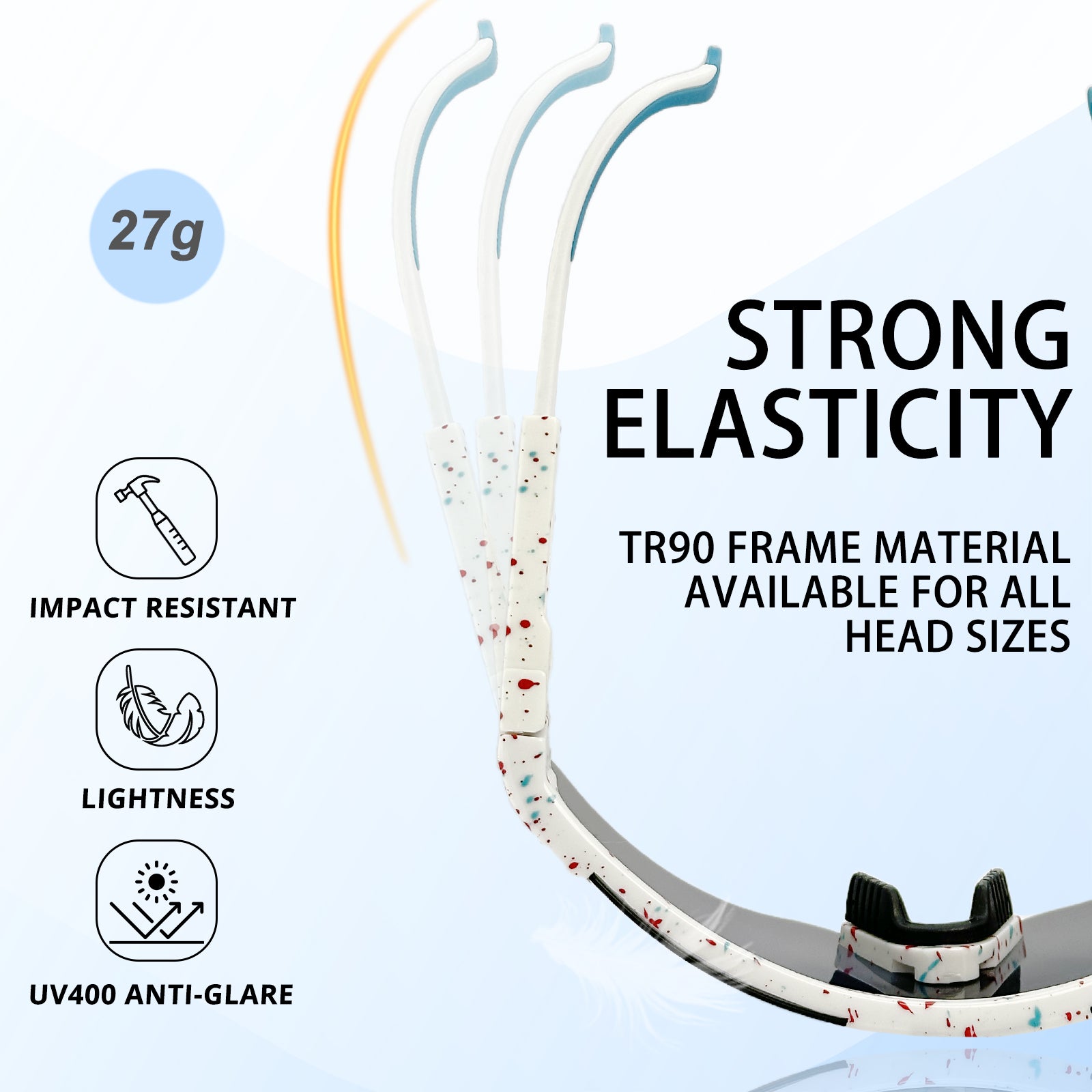 Snowboard with text highlighting features like 'Strong Elasticity', 'Impact Resistant', 'Lightness', and 'UV400 Anti-Glare'.