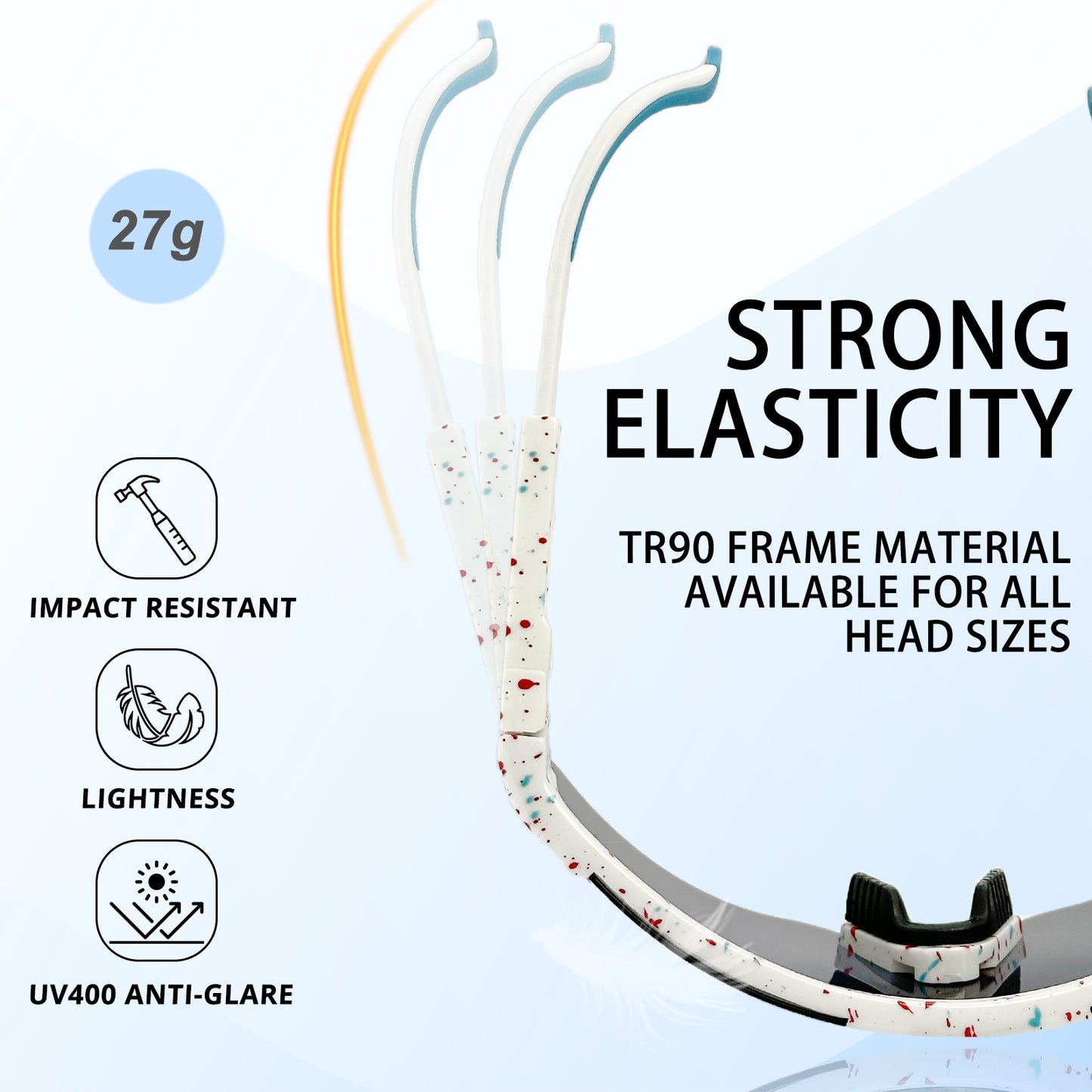 Snowboard with text highlighting features like 'Strong Elasticity', 'Impact Resistant', 'Lightness', and 'UV400 Anti-Glare'.