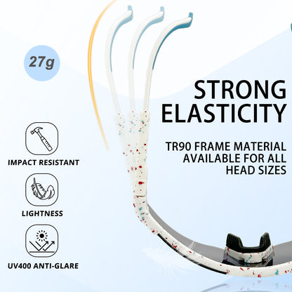 Snowboard with text highlighting features like 'Strong Elasticity', 'Impact Resistant', 'Lightness', and 'UV400 Anti-Glare'.