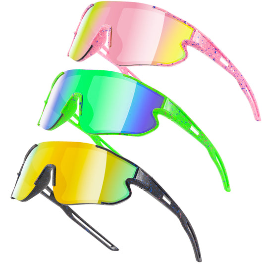 Three pairs of colorful sunglasses with different frame designs on a white background.
