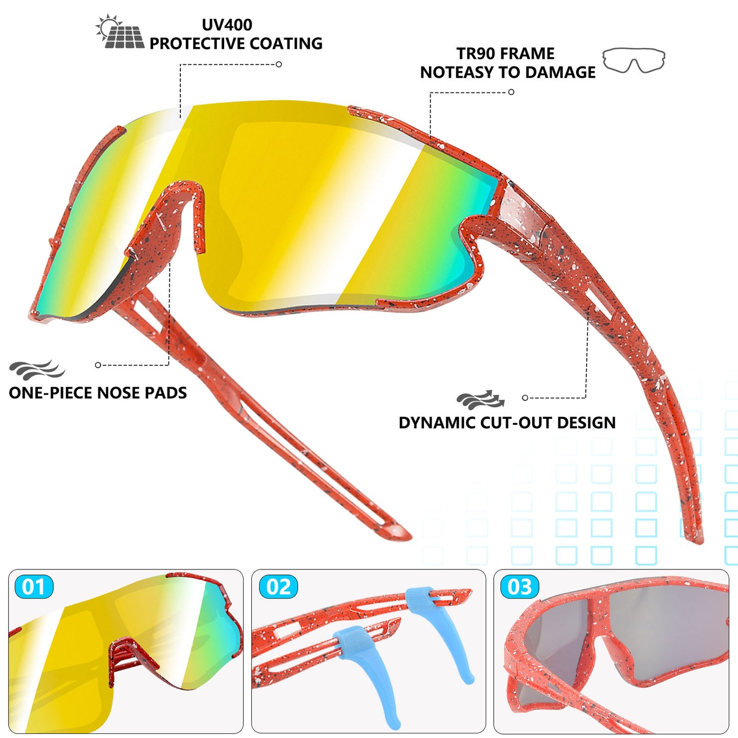 Sunglasses with features highlighted on a white background