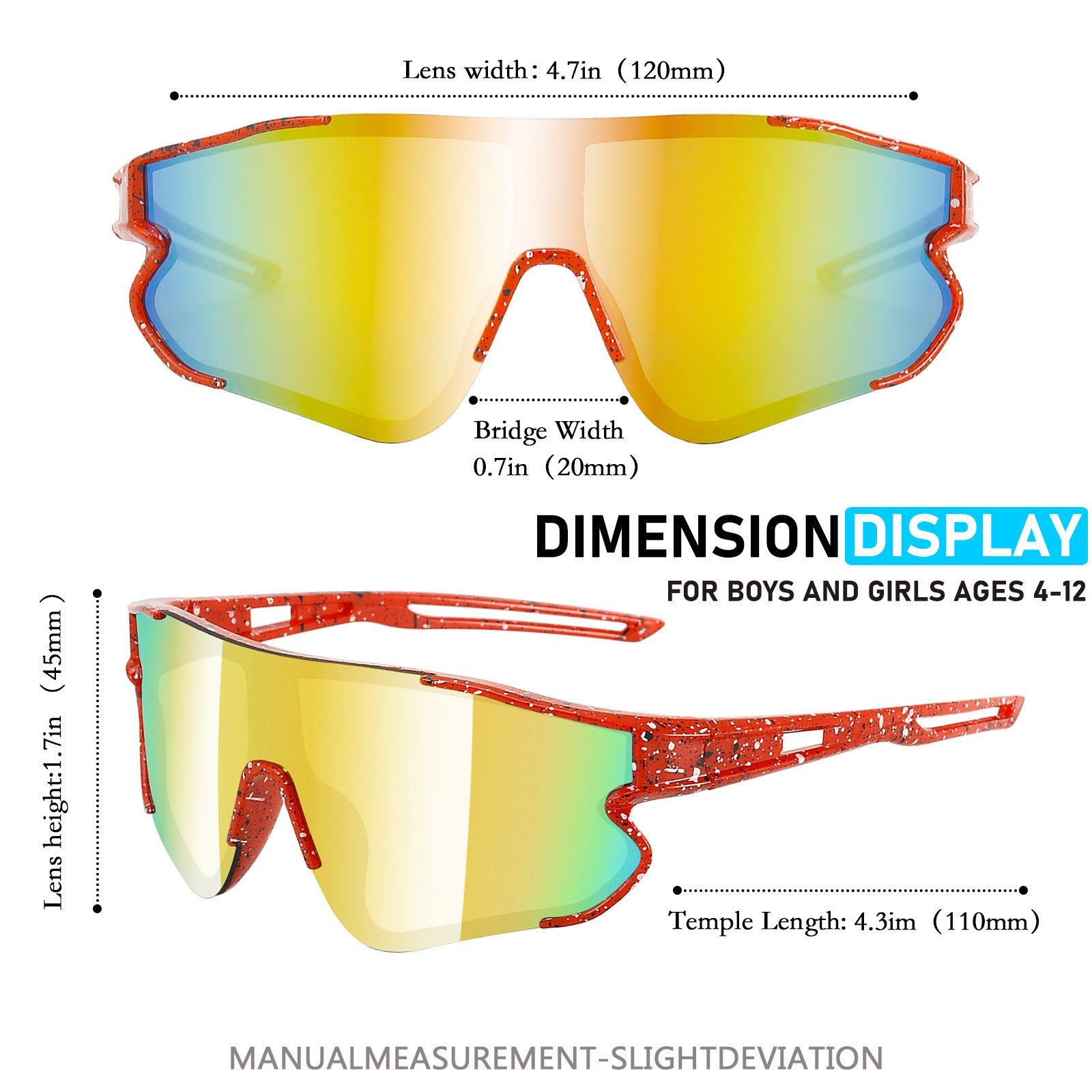 Measurement chart of children's sunglasses with dimensions displayed.