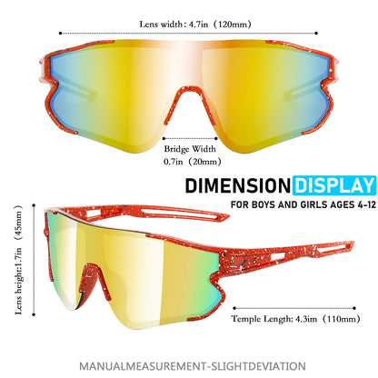 Measurement chart of children's sunglasses with dimensions displayed.