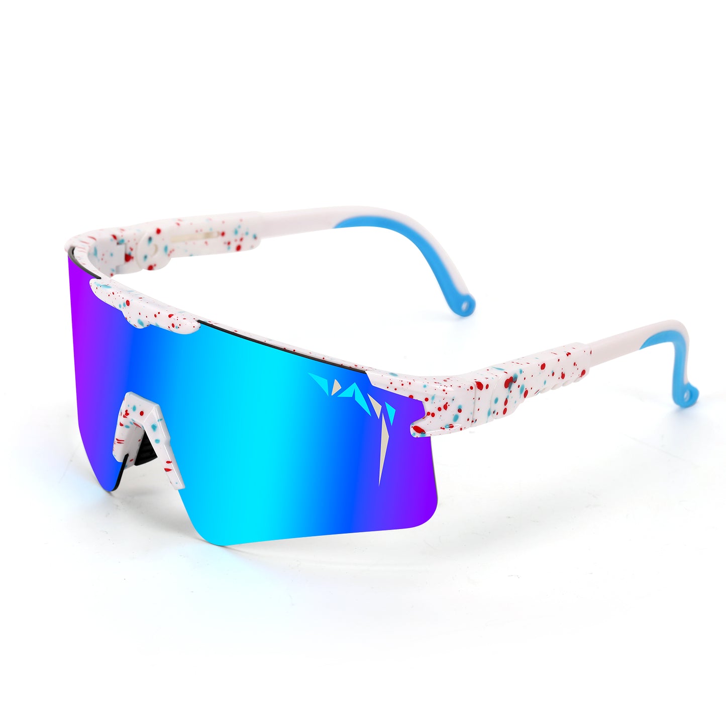 Sunglasses with blue gradient lenses and colorful frame on a white background