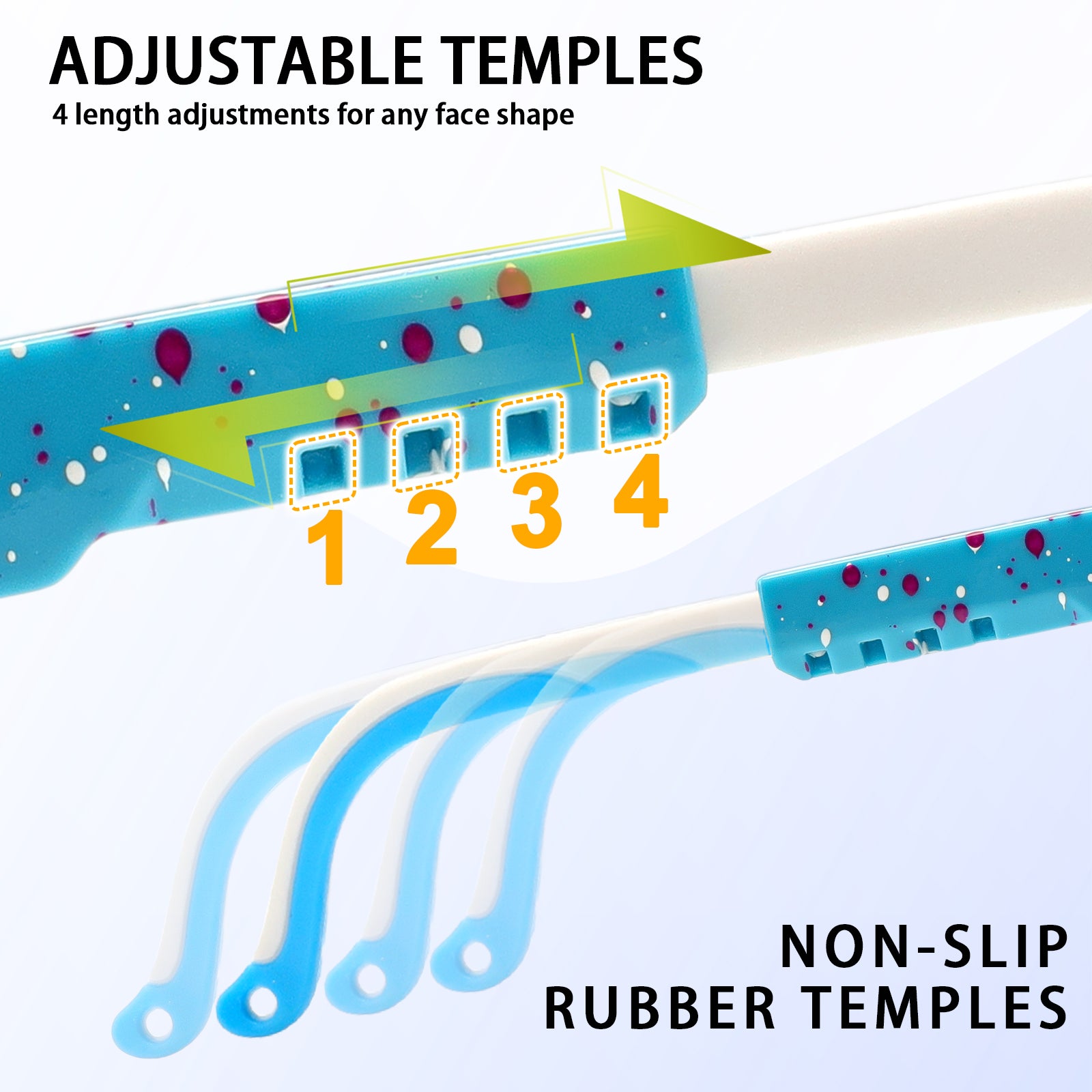 Adjustable temple arms with non-slip rubber temples on a white background