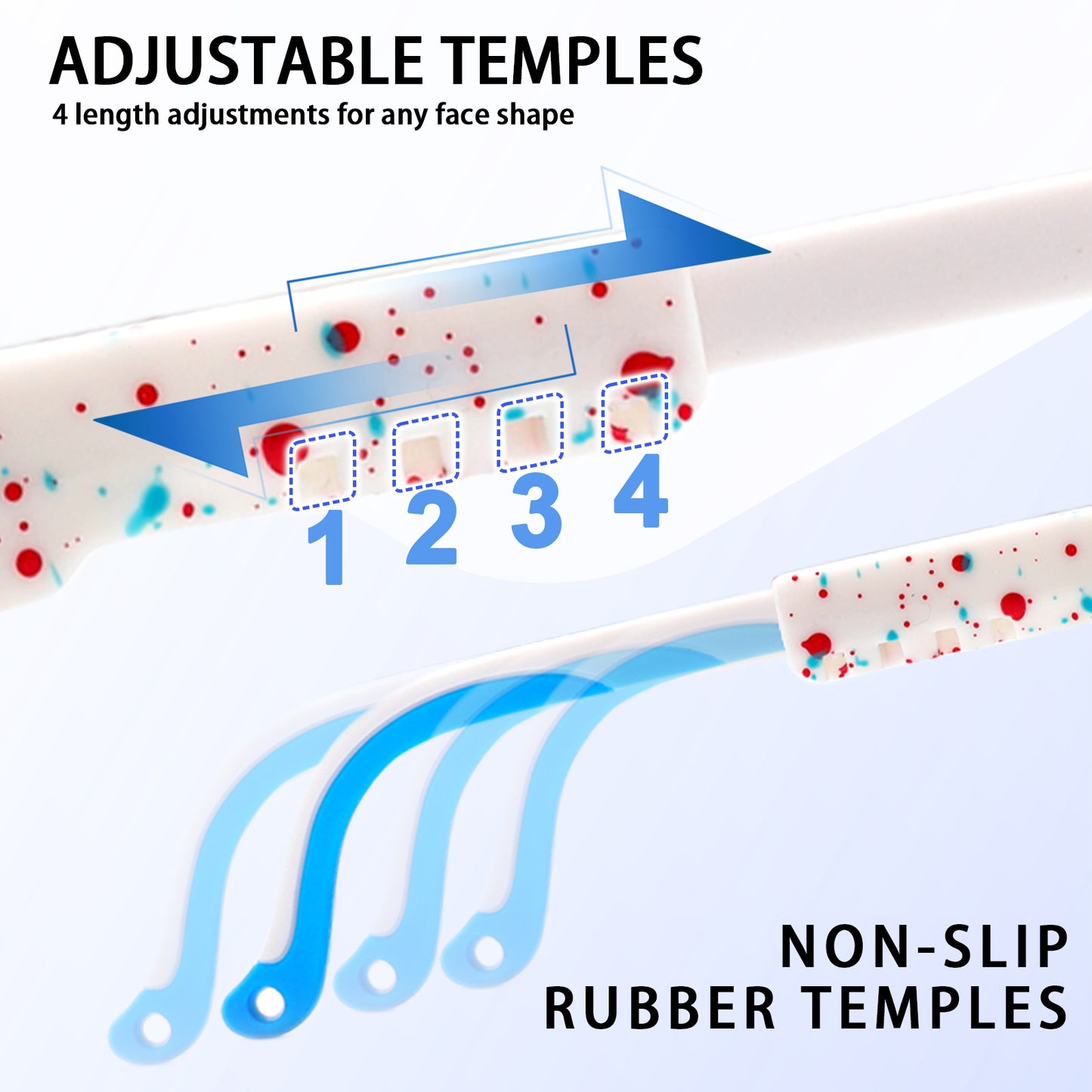 Infographic showing adjustable temples with 4 length settings for any face shape and non-slip rubber temples, featuring a colorful sunglass arm design.