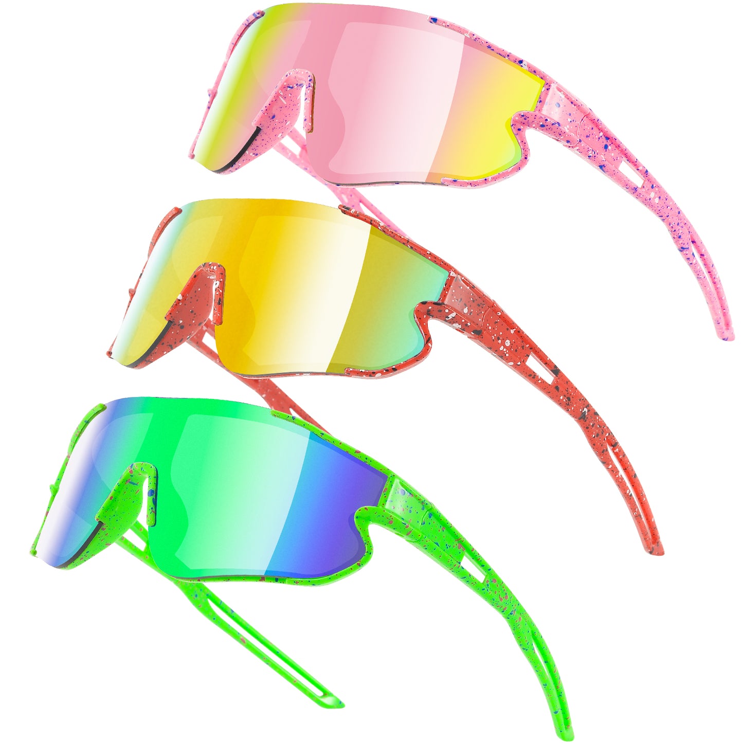 Three pairs of colorful sunglasses with reflective lenses on a white background