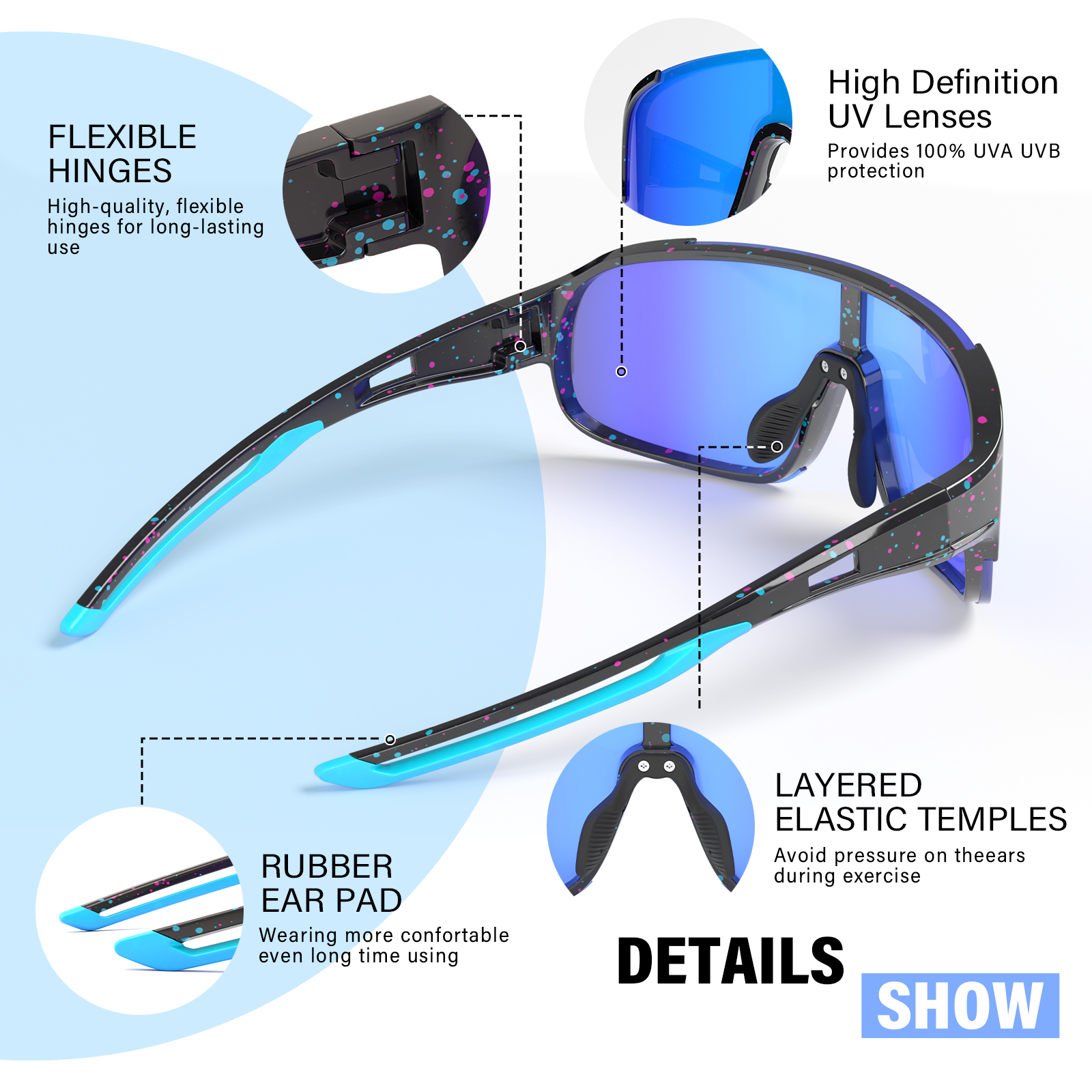 Adjustable anti-slip nose pads and ergonomic frame of Cycling Sport Sunglasses for comfort and stability