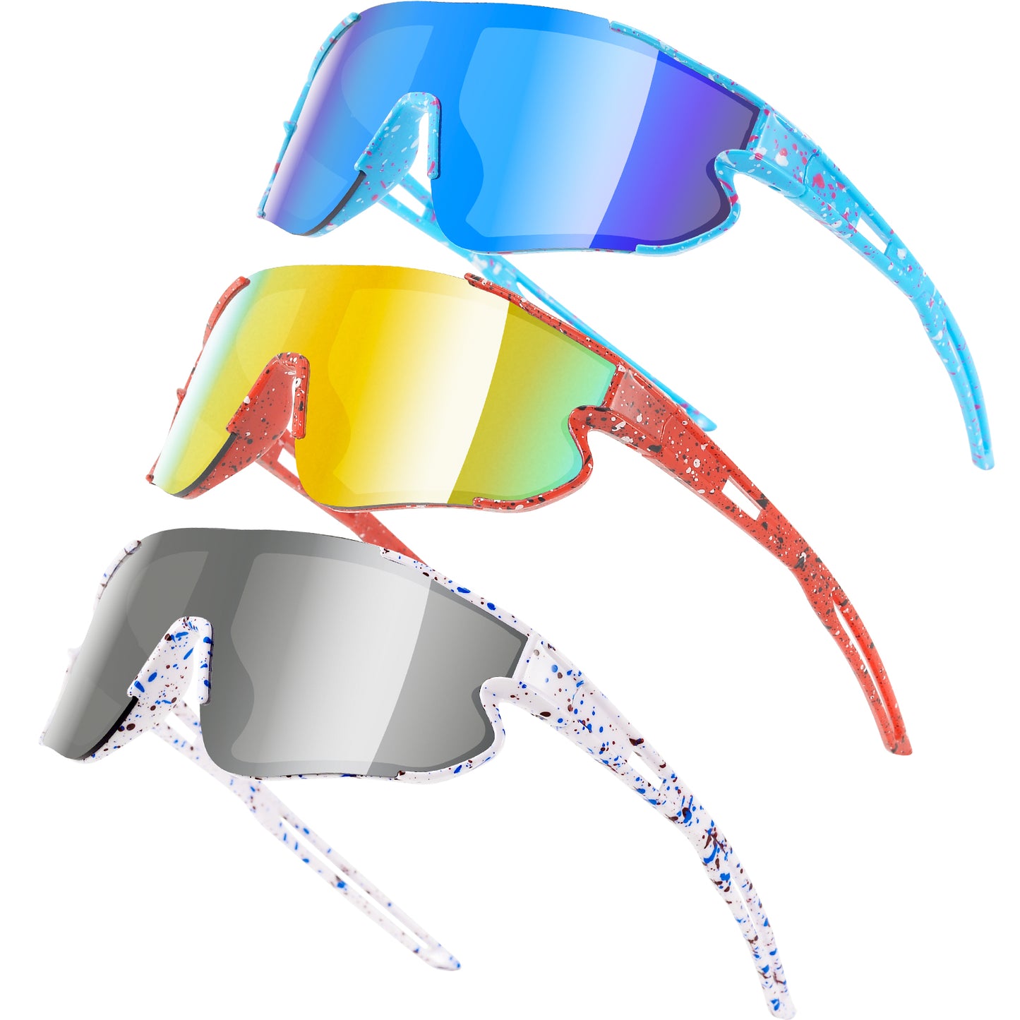 Three pairs of sunglasses with different colored lenses on a white background
