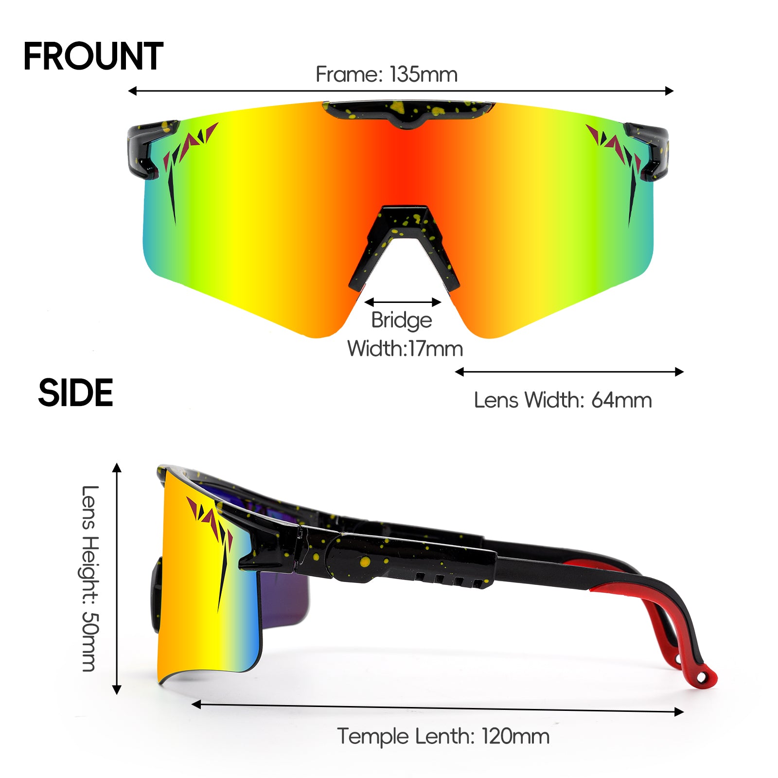 Measurement chart of a colorful sunglasses with labeled dimensions on a white background