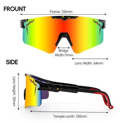 Measurement chart of a colorful sunglasses with labeled dimensions on a white background
