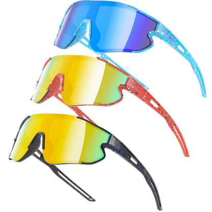 Three pairs of colorful sunglasses with different frame designs on a white background.