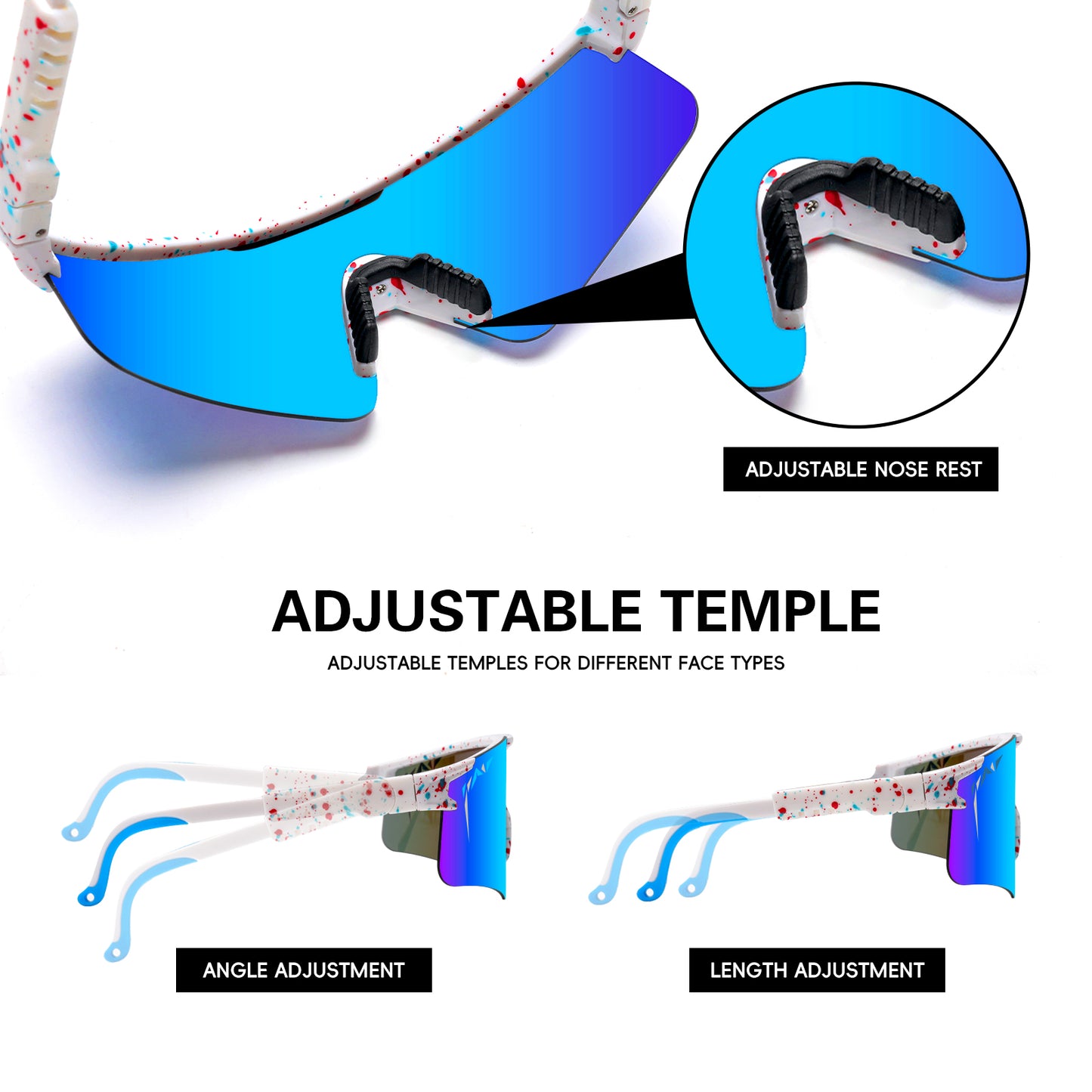 Sunglasses with adjustable temple design on a white background