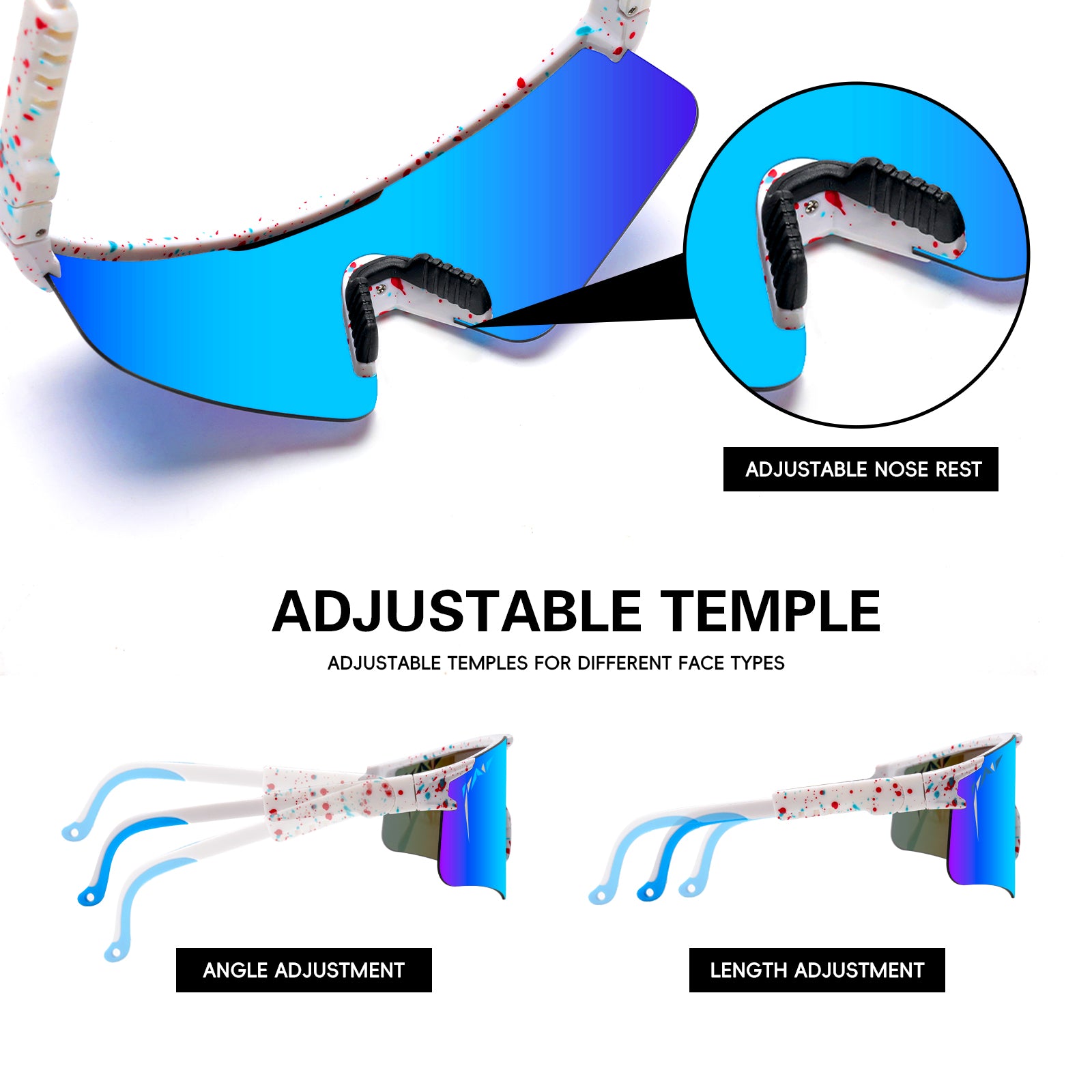 Sunglasses with adjustable temple design on a white background