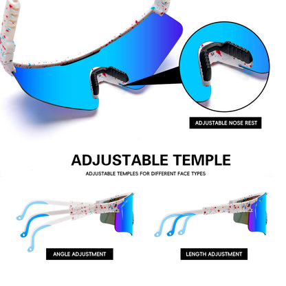Sunglasses with adjustable temple design on a white background