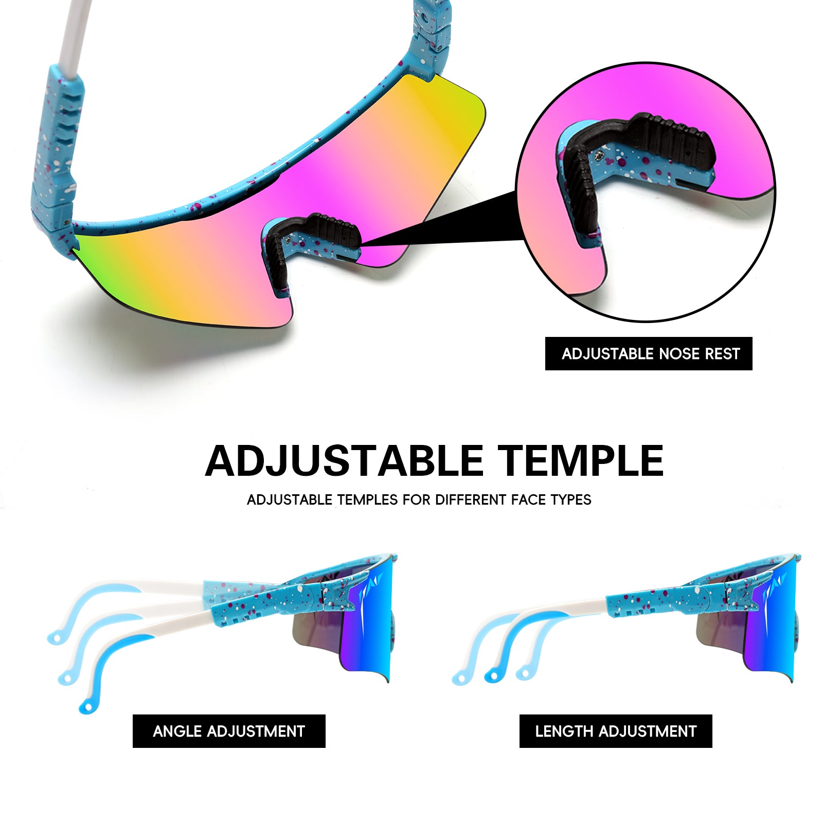 Sunglasses with adjustable temple features on a white background