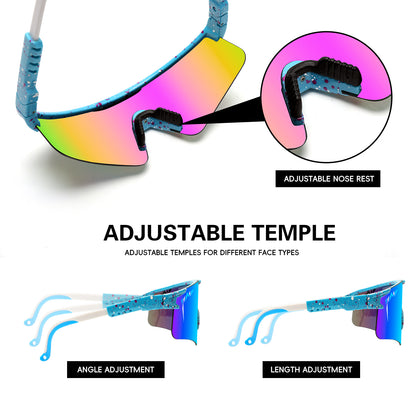 Sunglasses with adjustable temple features on a white background