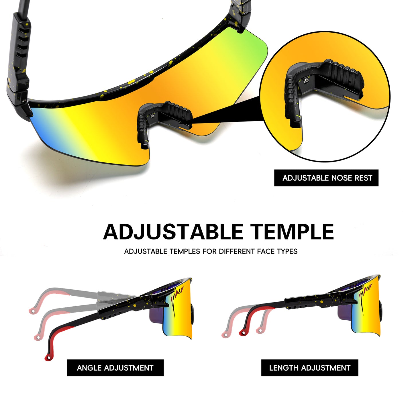 Sunglasses with adjustable temple features on a white background