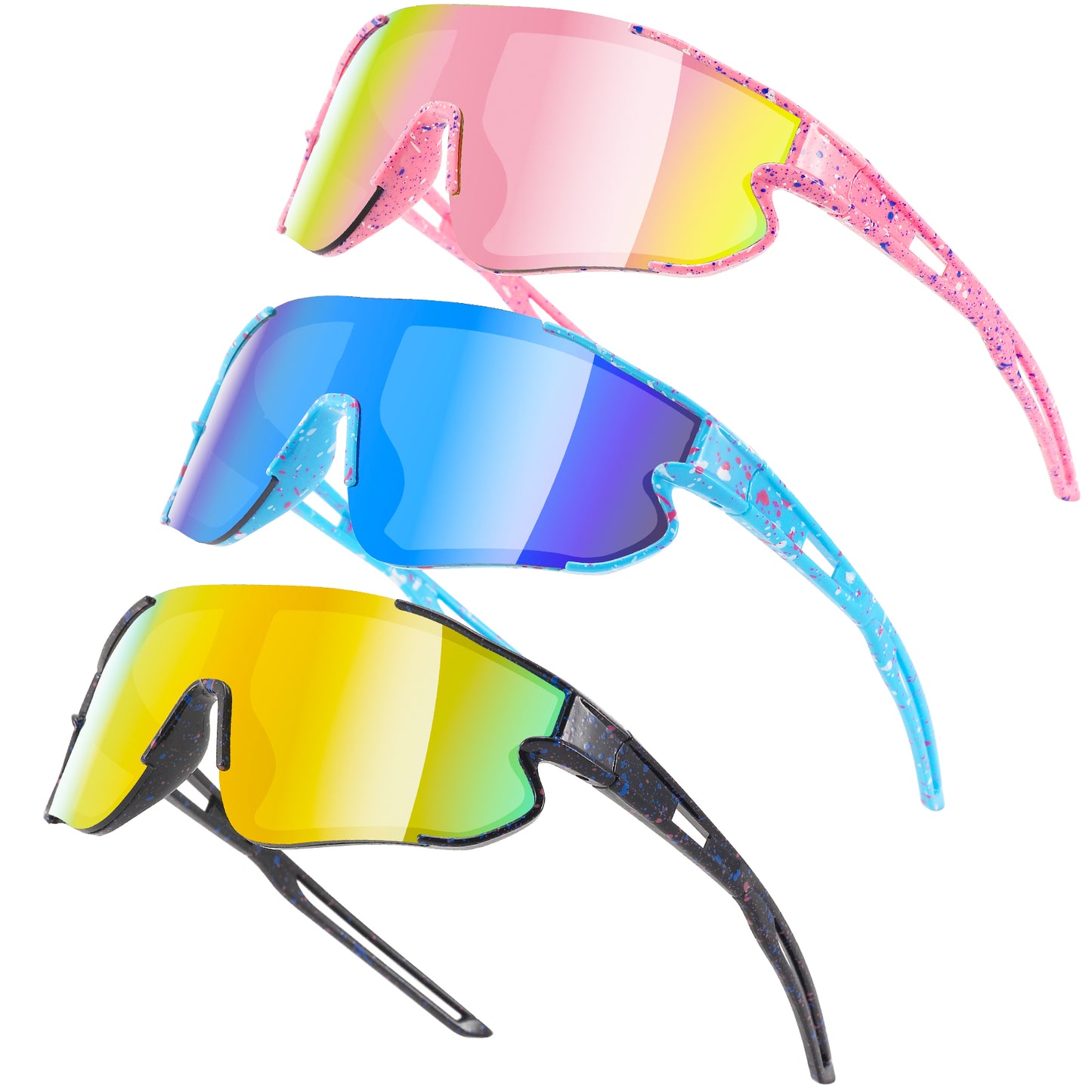 Three pairs of colorful sunglasses with reflective lenses on a white background