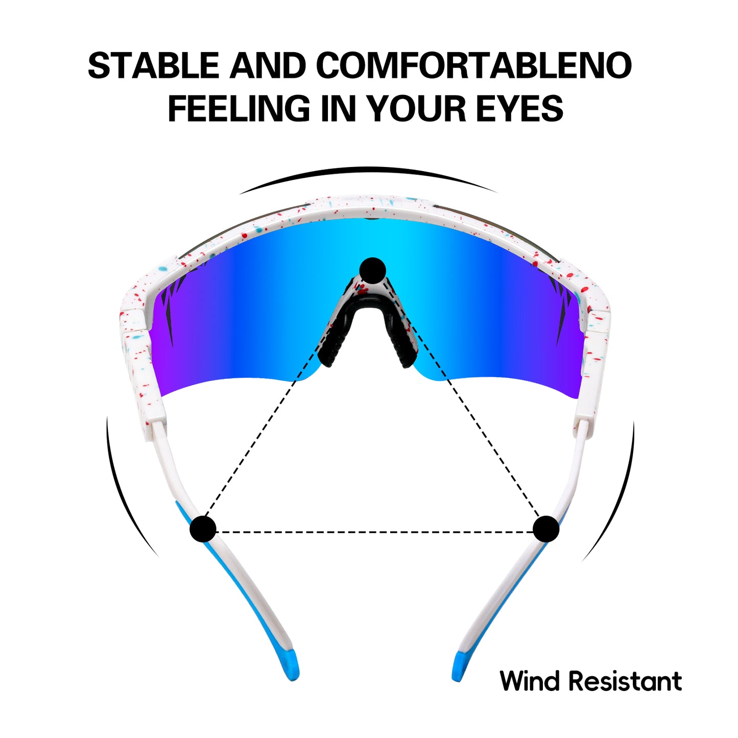 Sunglasses with blue lenses and white frame on a white background, featuring text about stability and comfort.