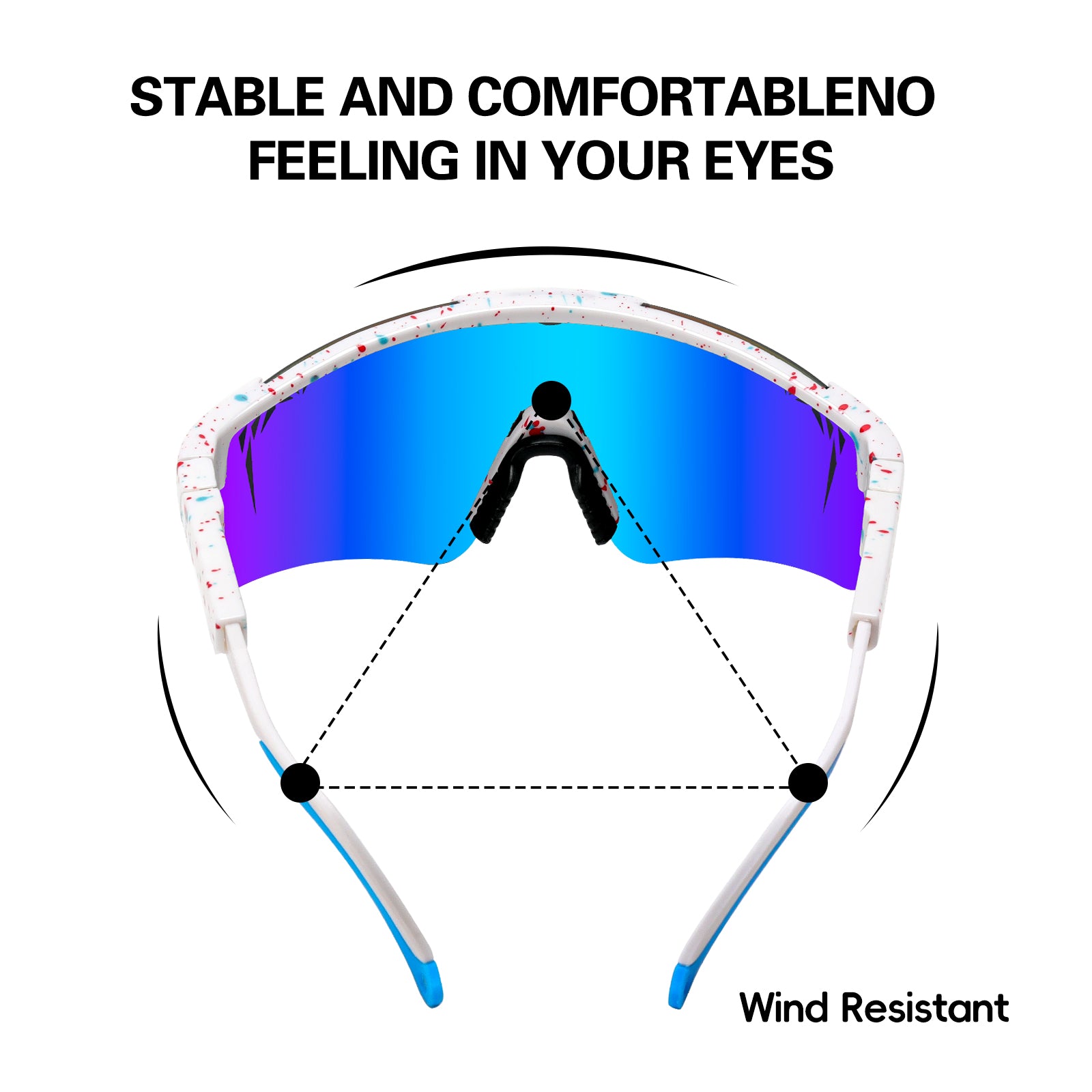 Sunglasses with blue lenses and white frame on a white background, featuring text about stability and comfort.