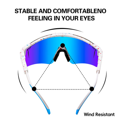 Sunglasses with blue lenses and white frame on a white background, featuring text about stability and comfort.