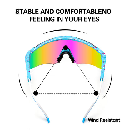 Sunglasses with a colorful lens on a white background, labeled 'Stable and comfortable no feeling in your eyes' and 'Wind resistant'.