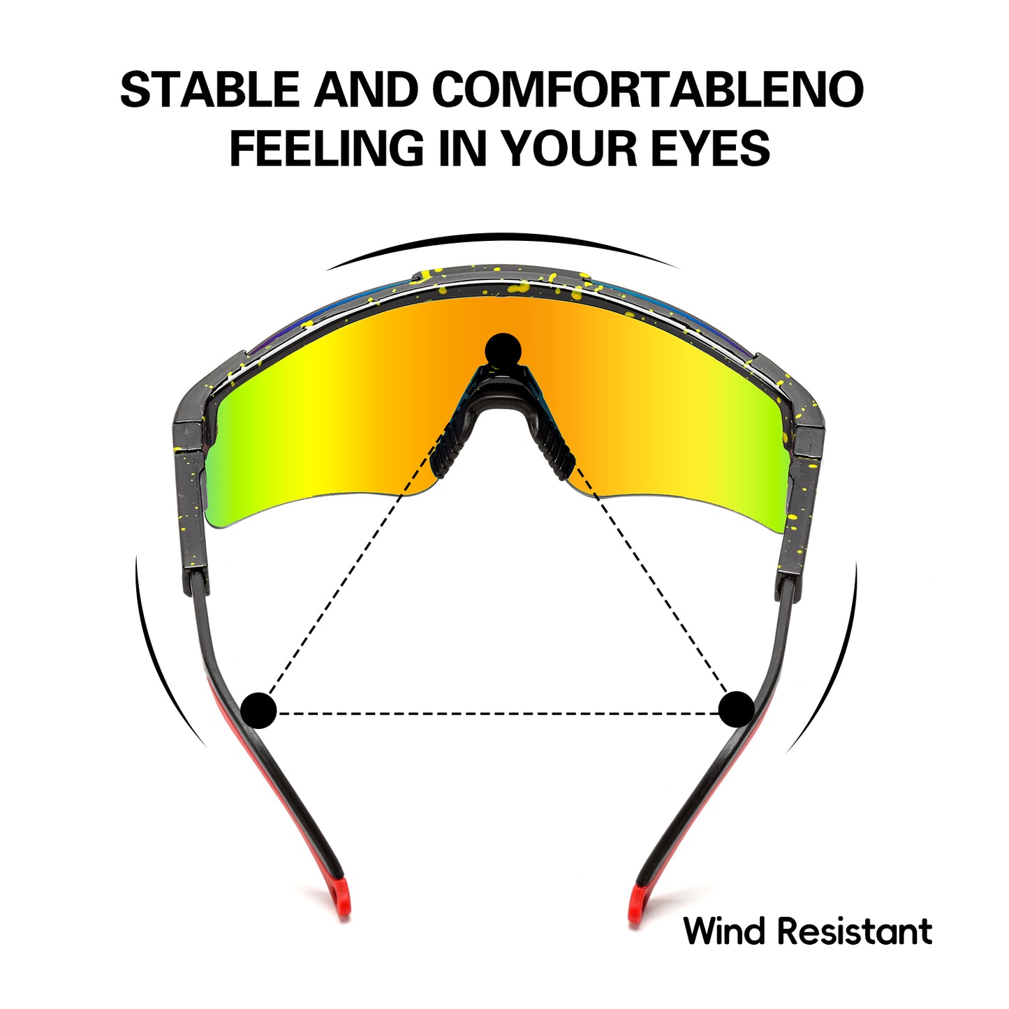 Goggles with yellow lenses and black frame on a white background, labeled 'Stable and comfortable no feeling in your eyes' and 'Wind resistant'.