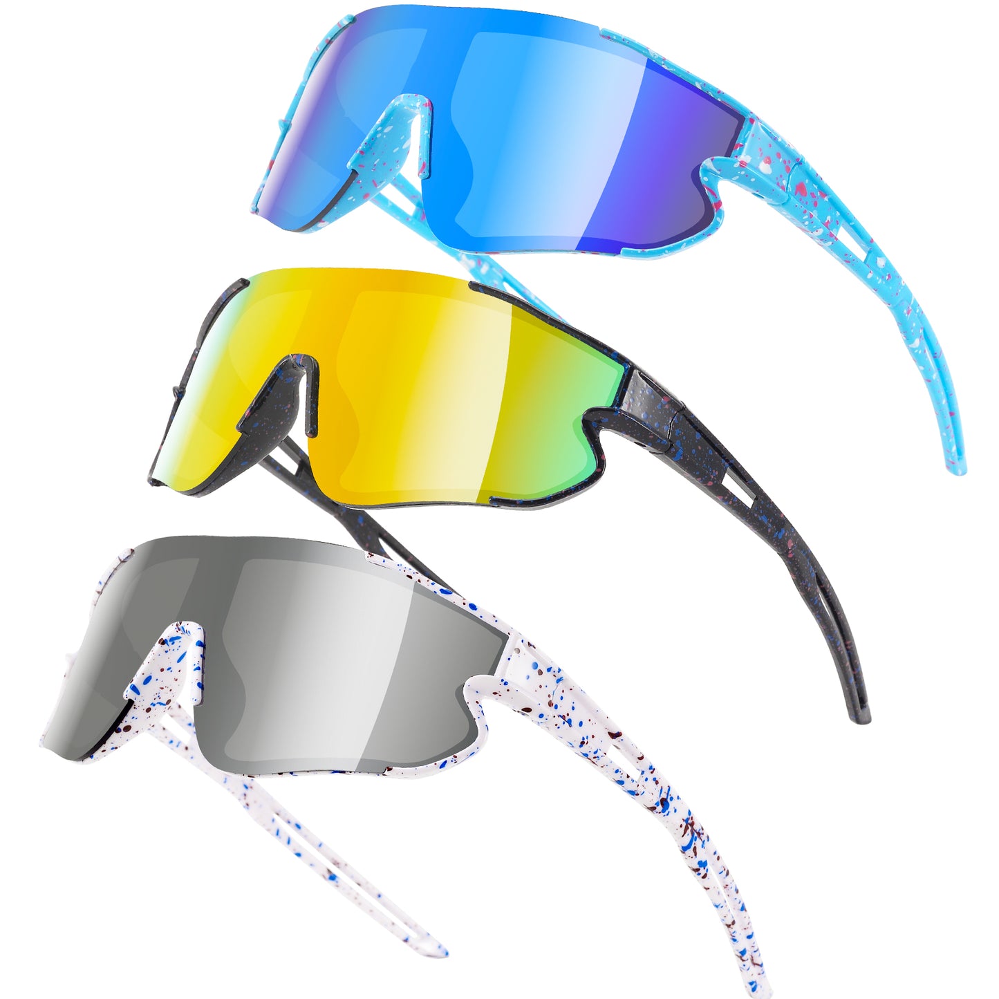 Three pairs of sunglasses with different colored lenses on a white background