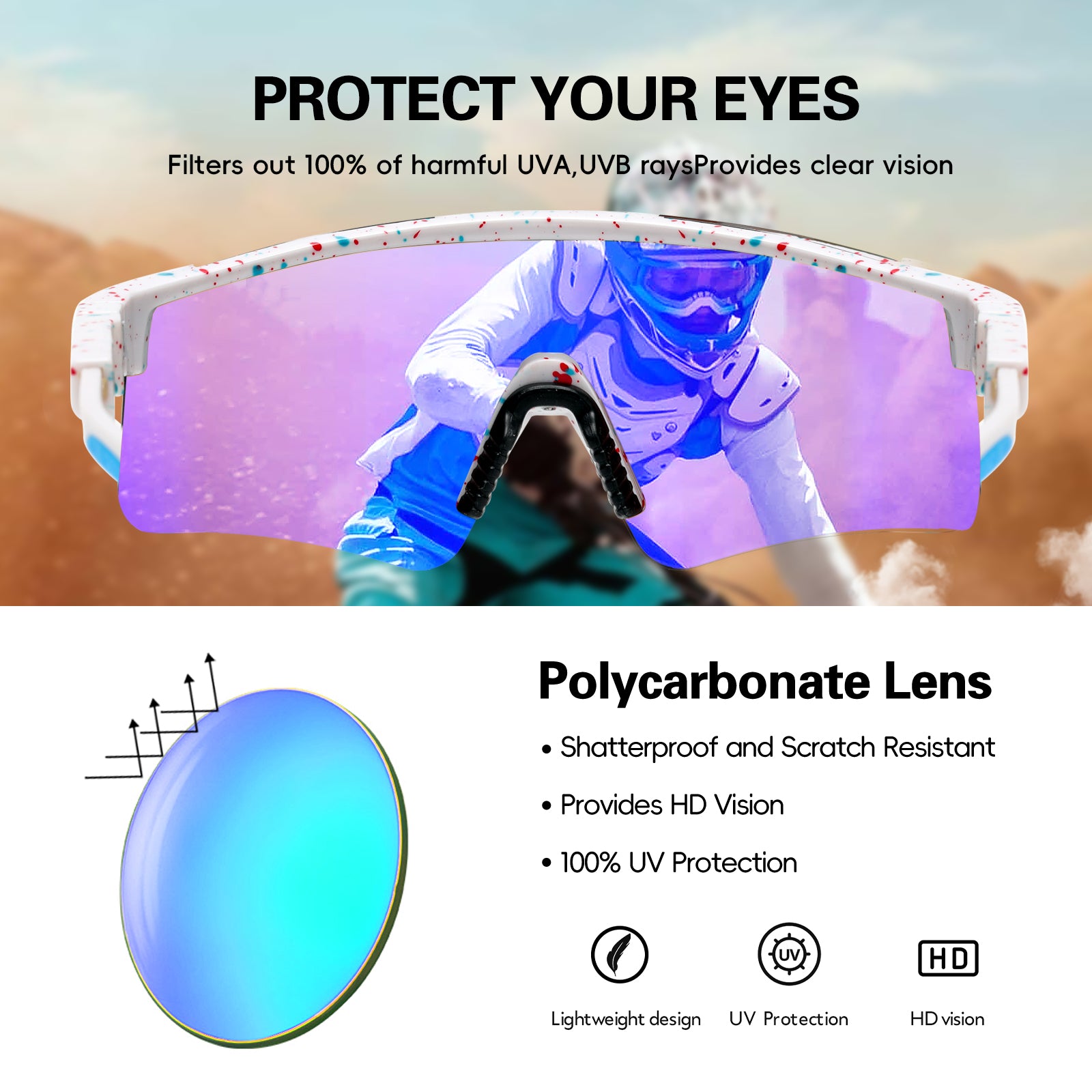 Sunglasses with protective features and a person wearing them in the background.