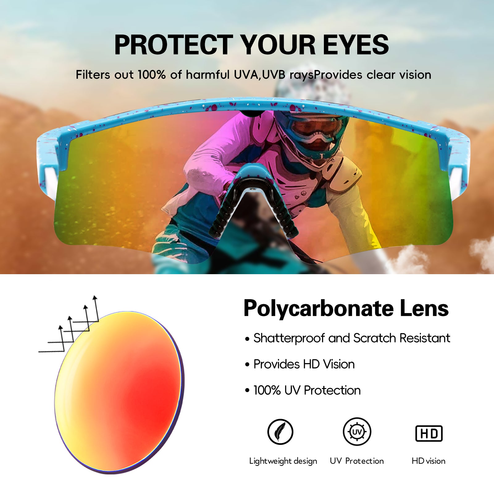 Sunglasses with colorful lens worn by a person riding a bike, with text about eye protection and polycarbonate lenses.