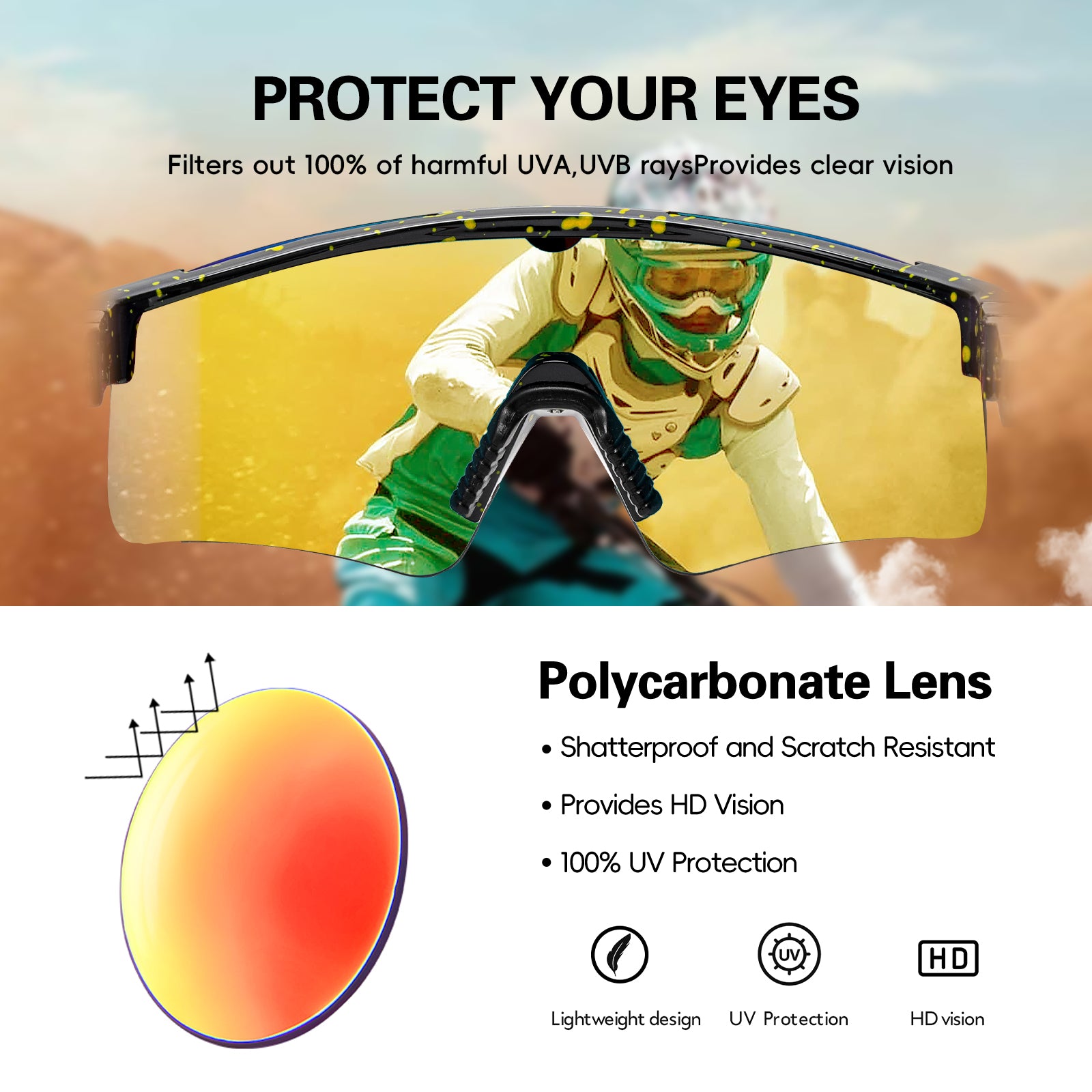 Sunglasses with protective features on a blurred background