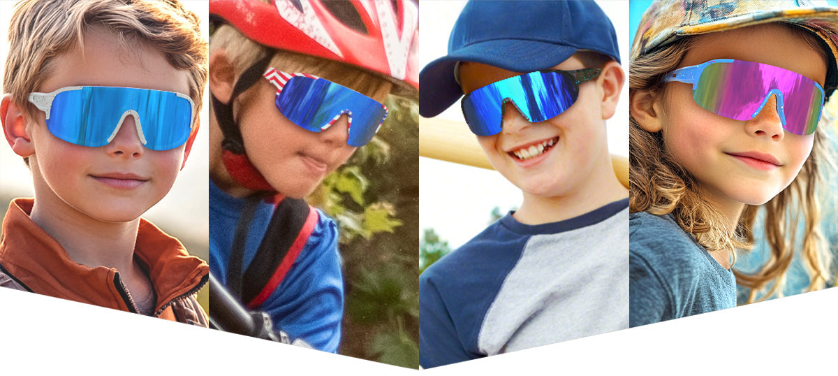 Four kids wearing colorful reflective sunglasses, each in different outfits and settings: one in an orange jacket, one in a red helmet, one in a blue cap, and one in a patterned hat.