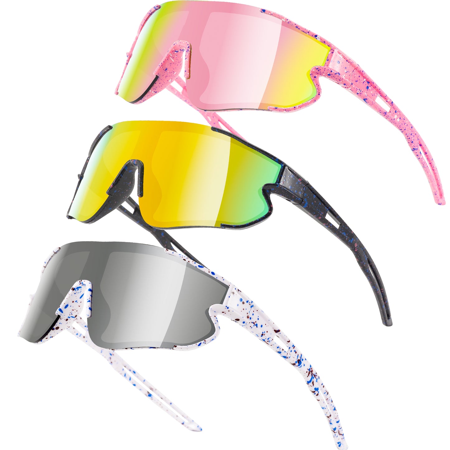 Three pairs of colorful sunglasses with reflective lenses on a white background