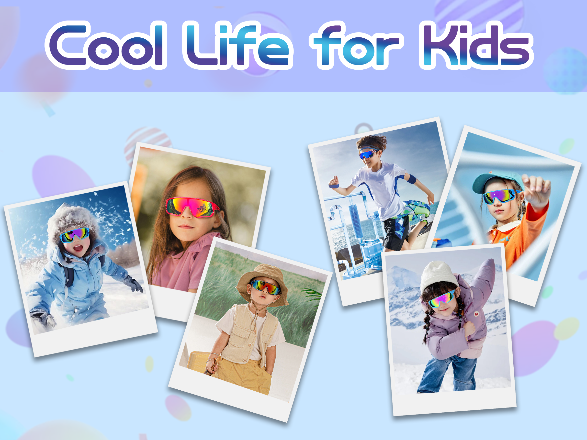 Promotional image for 'Cool Life for Kids' with children wearing colorful sunglasses on a light blue background.