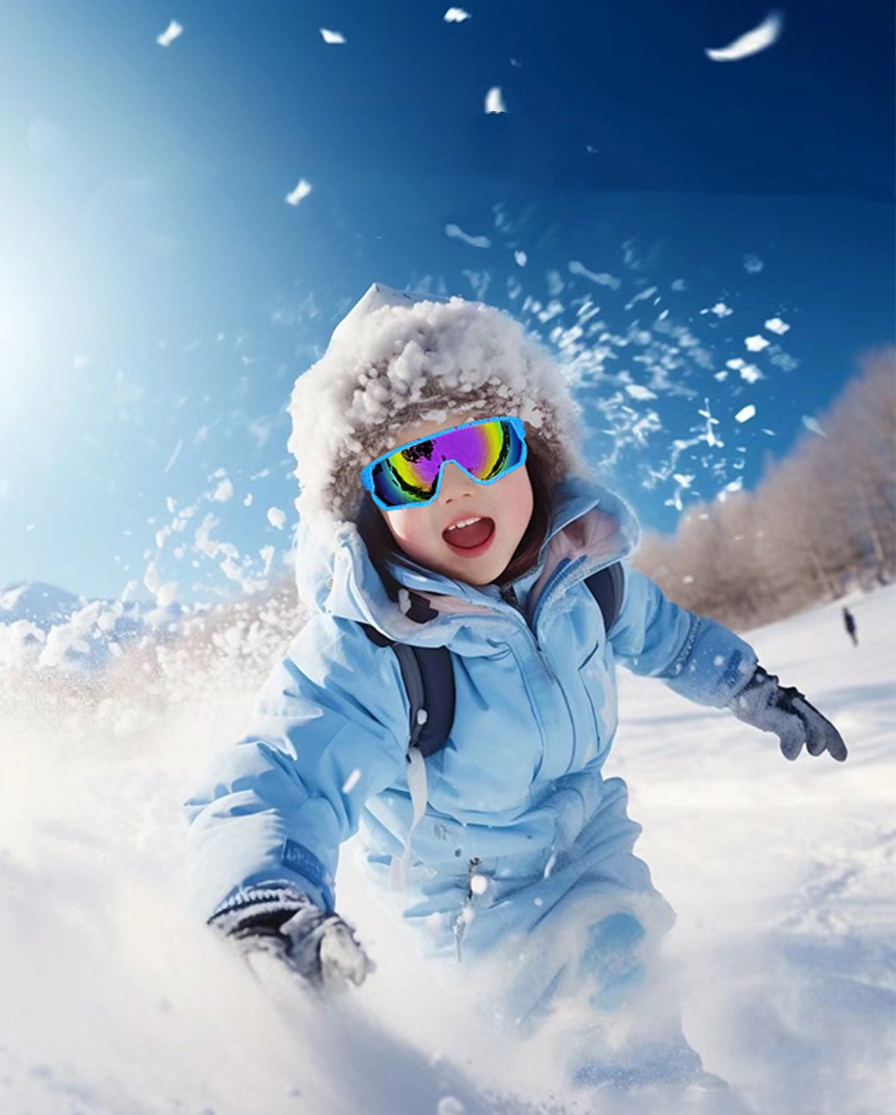 A child in a blue winter jacket and colorful sunglasses plays in the snow under a clear blue sky, kicking up powder on a snowy slope.