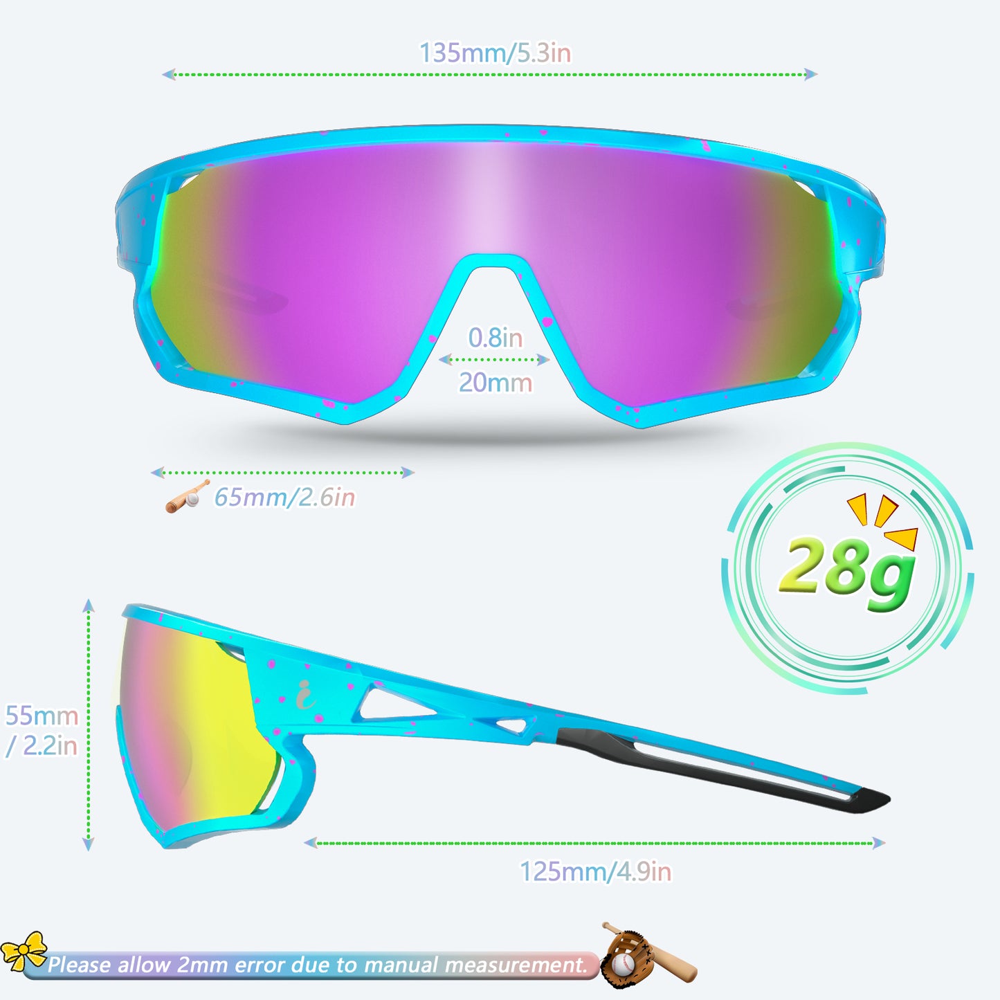 Sunglasses with measurements and weight displayed on a white background
