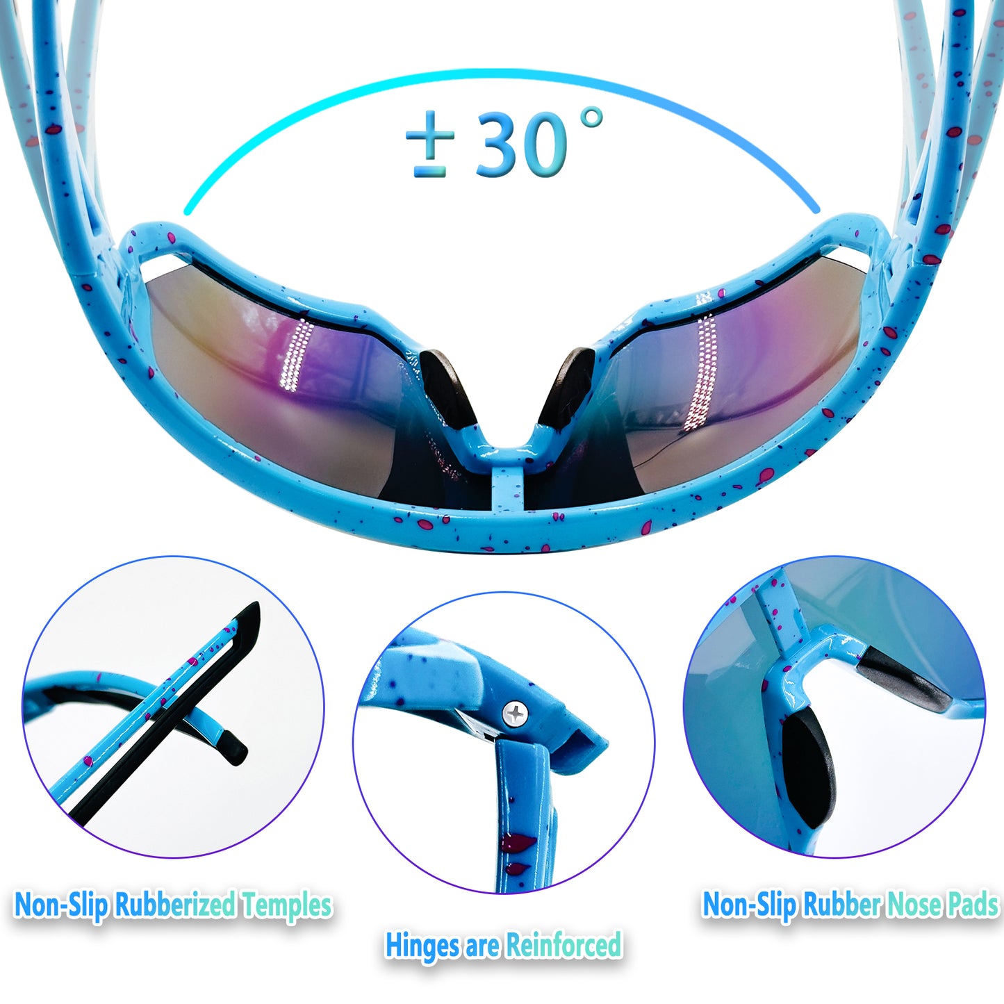 Blue sunglasses with features highlighted on a white background