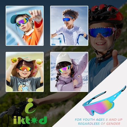 Children wearing colorful sunglasses with a brand logo on a dark background
